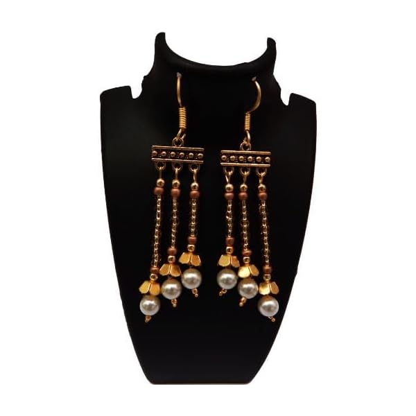 Glass Seed Beaded Pearl Earrings, Gold Colour - Image 3