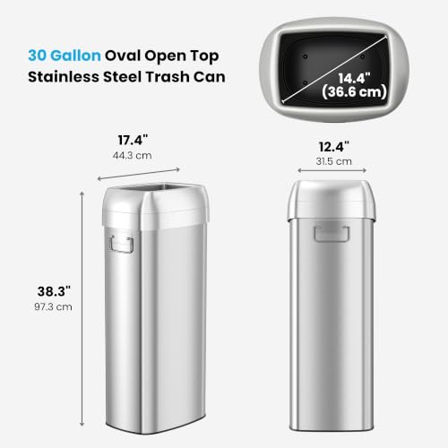 Image of iTouchless 30 Gallon 114L Oval Open Top Stainless Steel Extra-Large Commercial Trash Can with Wheels, 2 AbsorbX Odor Filters | ADA Compliant Bin for Restaurant Restroom Hotel Office Healthcare Retail