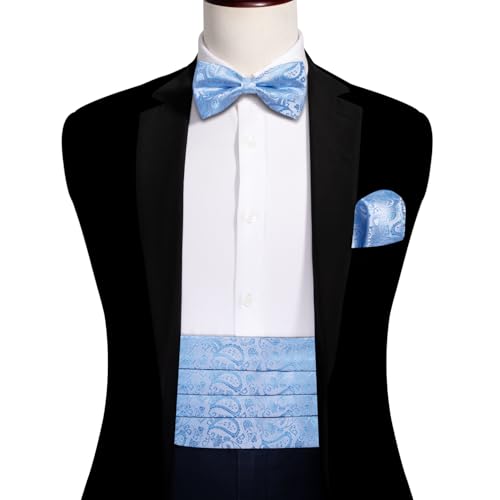 Image of YOHOWA Men Cummerbund Bow Tie Set Silk Paisley Formal Pre-Tied Bowtie Pocket Square Cufflinks Wedding Party Prom