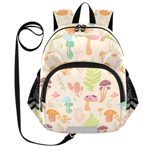 Mushroom Plants Beige Toddler Harness Backpack for Boys Girls 3-6 Years Kids Backpack with Anti Lost Safety Leash Baby Harness Bookbag for Travel Preschool Walking