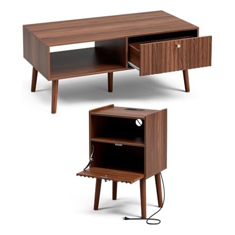 LCRBOL Fluted Coffee Table & Side Table Set, Dining Table with Sliding Panel, End Table with Drawer, Living Room, Walnut Cover