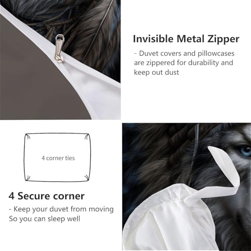 Housse de couette 220x240 loup imprimé plumes avec fermeture éclair invisible - 7