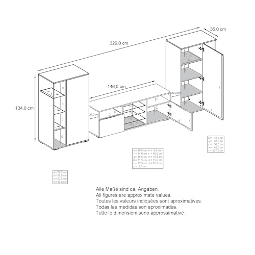 Vladon Wohnwand Davos, Anbauwand bestehend aus 2 Vitrinen und 1 TV-Board, Anthrazit matt/Schwarz Hochglanz inkl. LED-Beleuchtung (329 x 134 x 35 cm) – Bild 8