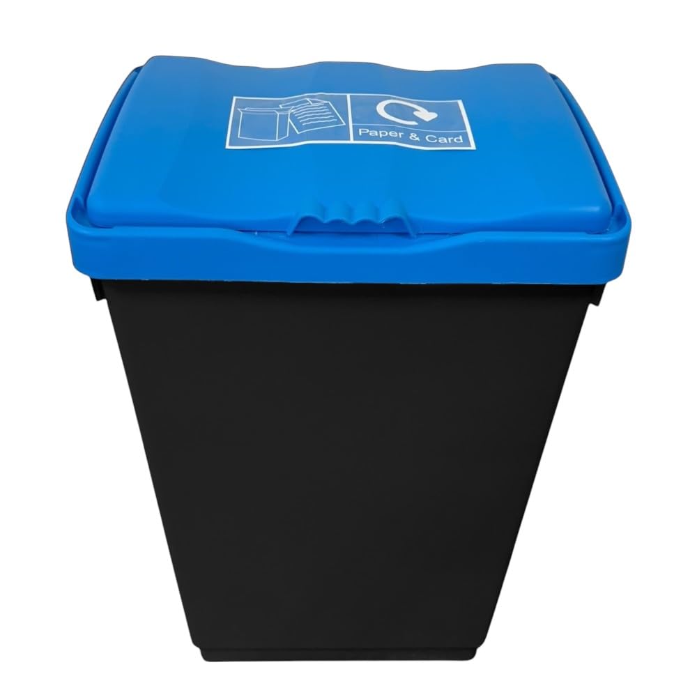 Chabrias Ltd 50 Litre Recycling Waste Bin With Lid & Logo Sticker Included (Blue Lid & Paper & Card Logo, Black Base)