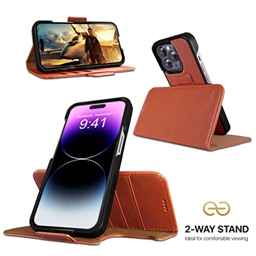 Image of dreem Fibonacci Compatible with iPhone 14 Pro Wallet case / 2-in-1 Shockproof case and Detachable Vegan Leather Folio, MagSafe Compatible, RFID Protection [Caramel]