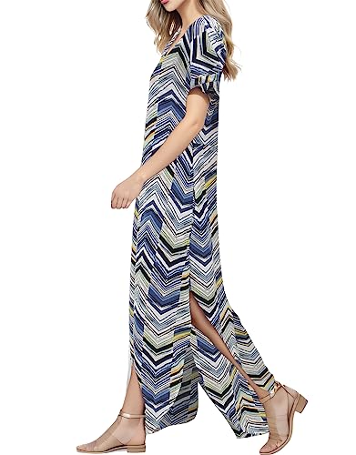 Image of Match Women's V-Neck Casual Loose Short Sleeve Long T-Shirt Dress Split Maxi Dress with Side Pocket
