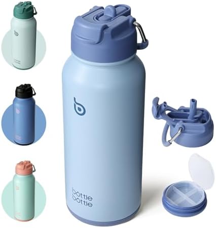 BOTTLE BOTTLE Edelstahl Trinkflasche 850ml Strohhalm&Pillenfach Sport Blau | Isolierflasche auslaufsicher mit Direkttrinken, doppelwandig, BPA-frei, Thermoflasche für Fitness, Outd