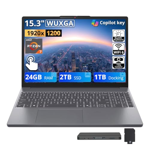 Image of Lenovo IdeaPad Slim 3 15.3 inch WUXGA Touchscreen Laptop, AMD Ryzen 7 8840HS, 24GB DDR5 RAM, 3TB Storage (2TB SSD + 1TB Docking Station), Backlit Keyboard, Numeric Keypad, Windows 11, Luna Gray