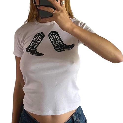 Y2K White Baby Tees for Women Cute Graphic Printed Crop