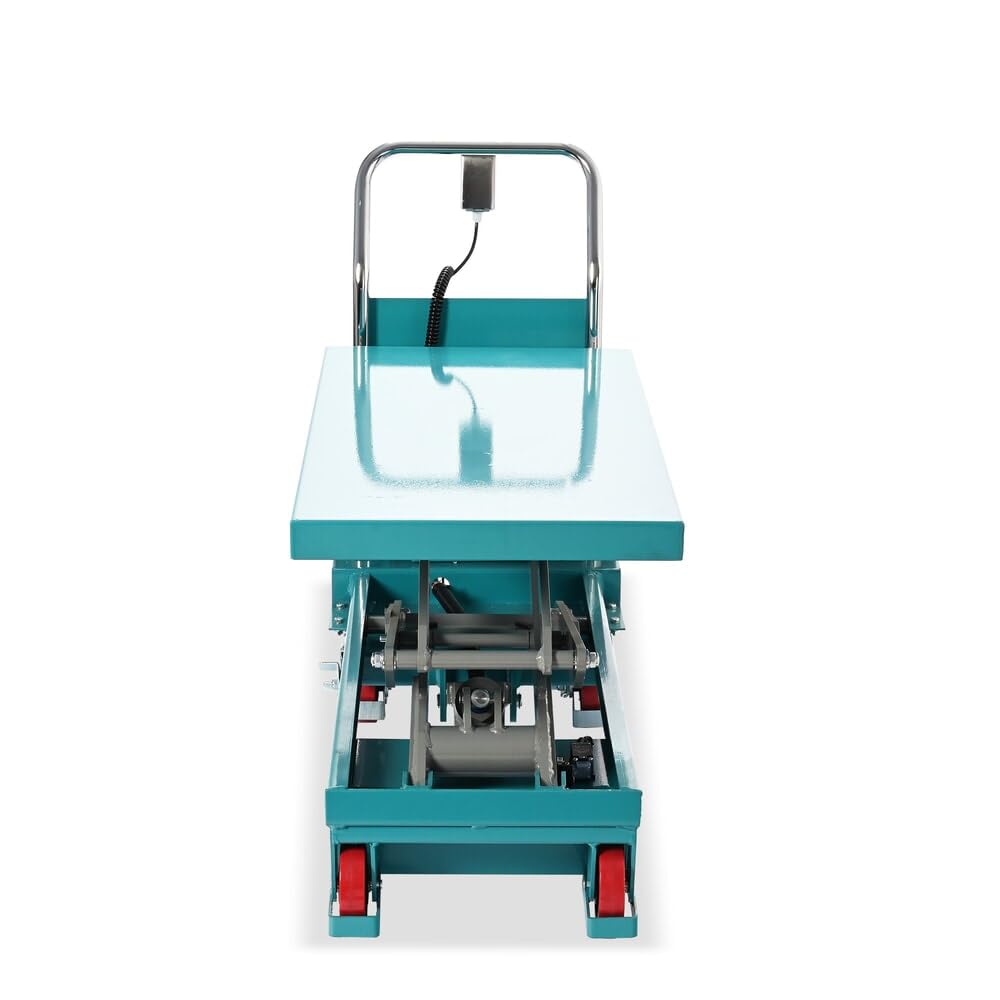 Ameise Scheren-Hubtischwagen LTT | 370-1.300 mm Hubbereich | 350 kg Tragkraft | 910x500 mm Plattform | Fahrbarer Hubtisch mit festem Bügel | Elektrischer Antrieb mit Batterie | Stahl | Türkisblau