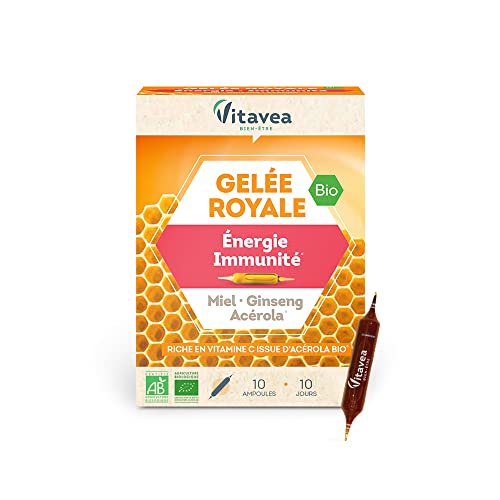 Vitavea - Complément Alimentaire Revitalisant Défenses Naturelles BIO - Gelée Royale, Ginseng, Vitamine C Acérola, Miel - Formule 100% BIO - 10 ampoules - Cure de 10 jours - Fabriqué en France Cover