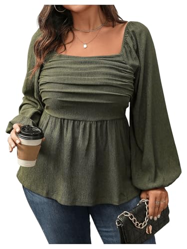 Floerns Women's Plus Size Square Neck Lantern Long Sleeve Ruffle