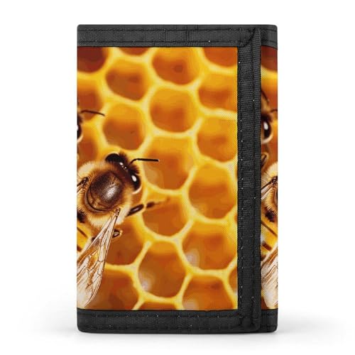 Bee On Honeycomb Trifold Wallet, Card Cases And Money Oganizer Thin Stylish Mini Coin Bag with Zipper Coin Pocket Credit for Men And Women