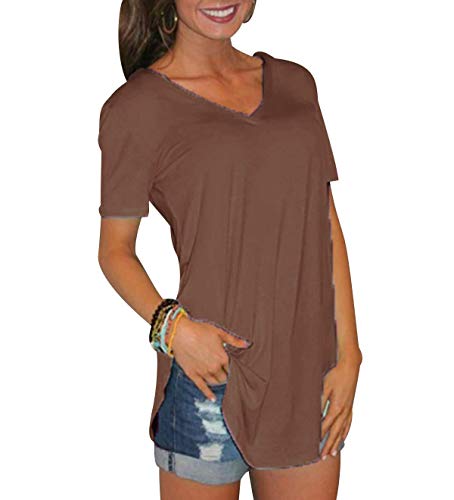 Tee Shirt Long Femme Col V T Shirt Uni Femmes Manche Courte Oversize Basic Haut Ample Top Ete Simple Large Basique Été Fluide Loose Tunique Grande Taille...