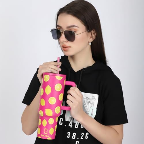 Image of House of Quirk 1200ML Stainless Steel Tumbler with Handle & Lid, 2 Straws - Large Travel Mug Water Cup for Gym, Office & Outdoor Use (Pink Lemon)