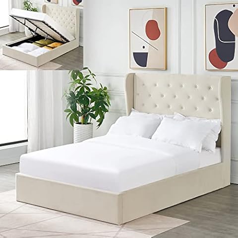 Abreo Chesterfield Winged Gas Lift Ottoman Storage Bed Frame Grey Navy Beige Velvet Grey Linen Small Double Double King (Beige Velvet, Small Double) Cover