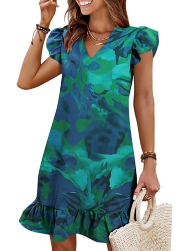 Image of QACOHU Spring Summer Dresses for Women 2026 V Neck Cap Sleeve Ruffle Hem Smock Short Casual Beach Dress