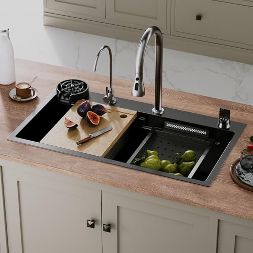 SIRHONA Evier Cuisine Multifonction 80 X 45 cm avec Robinet rétractable, Bac d'égouttage + panier...