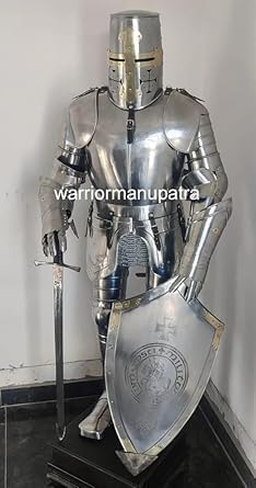 Medieval Templar Knight Full Steel Suit of Armor, Wearable Costume with Shield and Sword, 18-Gauge Nickel Finish
