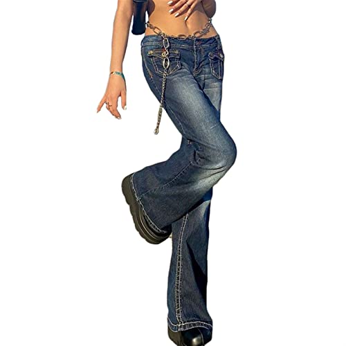 Yokbeer Y2K Retro Punk Mopping Pantalones Holgados Distressed Casual Low Waist Flare Jeans Cargo Pantalones de Mezclilla con Bolsillos Coreanos (Color : Blue, Size : S) Cover