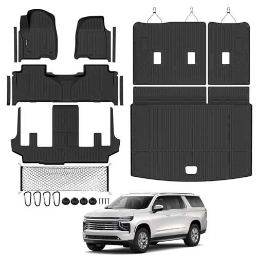 Tongama-Floor Mats for 2021-2024 Chevy Suburban/GMC Yukon XL 7 Seats with Bucket Seats All Weather TPE Trunk Mat & 3rd Row Backrest Mats & Cargo Net & Door Sill Guards for Suburban Accessories
