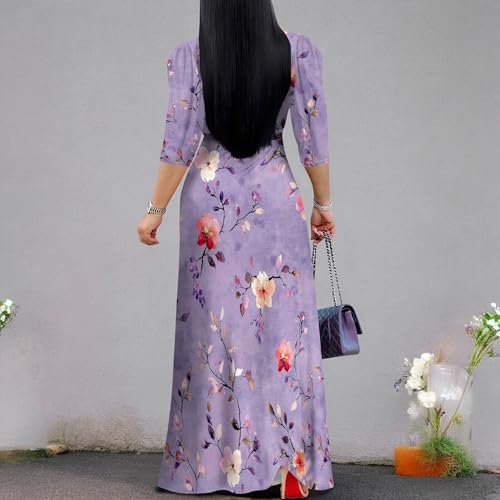 Image of Womens Floral Maxi Dress with Sleeves Elegant Evening Wear 3 /4 Sleeve Long Sundress with Belt