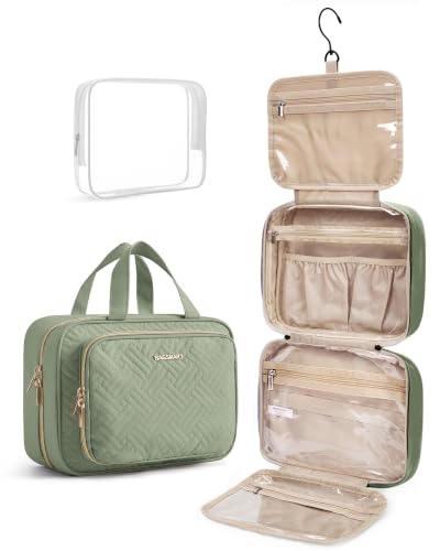 Image of BAGSMART Toiletry Bag Hanging Travel Makeup Organizer with TSA Approved Transparent Cosmetic Bag Makeup Bag for Full Sized Toiletries, Large-Green
