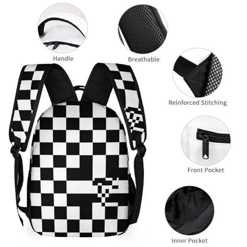 Backpack with Lunch Box & Cosmetic Bag Set Black And White Race Checkered Bookbag Daypack Set Backpack with Lunch Bag Storage Bags3