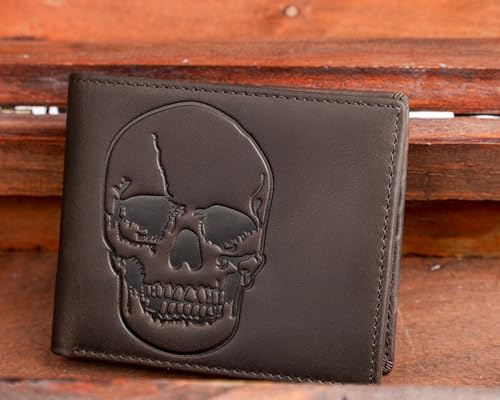Image of DK86 Mens Wallet USA Flag Bifold Wallet for Men RFID Blocking Extra Capacity Multiple Card Slots with 2 ID Windows (vintage coffee with skull)