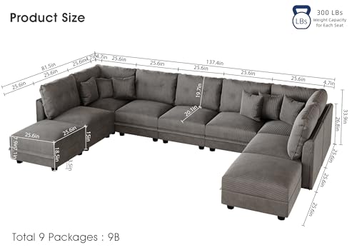 Image of LLappuil 137 inch Modular Sectional Sofa with Storage, U Shaped 9-Seat Pet-Friendly Corduroy Couch with 9 Throw Pillows, Convertible Sofa Set for Living Room, Scratch Resistant, Grey