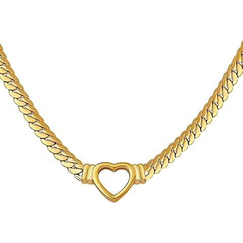 Loqimu Flat Cuban Link Chunky Chain Necklace Gold Stainless Steel Hollow Heart Charms Choker Clavicle Jewelry for Women Teen Girls (Gold) Cover
