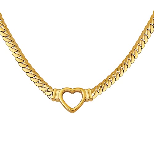 Loqimu Flat Cuban Link Chunky Chain Necklace Gold Stainless Steel Hollow Heart Charms Choker Clavicle Jewelry for Women Teen Girls