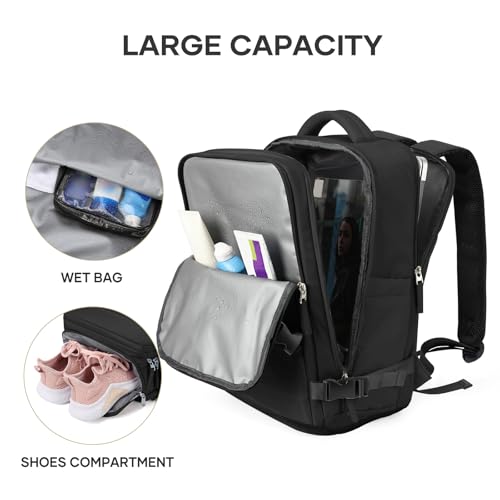 Image of coowoz Travel Backpack For Women Men,Carry On Backpack Flight Approved,Hiking Backpack Water-Resistant Outdoor Sports Rucksack Casual Daypack Fit 15.6 Inch Laptop Shoes Compartment (Black)