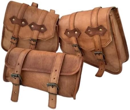 american blue Handgefertigte Ledersättel Motorradtaschen Leder-Doppelsporttasche für Motorrad Links und Rechts Zwei Seitentaschen mit Werkzeugtasche Set of 3 Brown