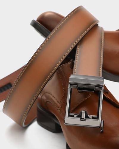 Image of Chaoren Leather Ratchet Belt 2 Pack Dress with Click Sliding Buckle 1 3 /8 inch in Gift Set Box - Adjustable Trim to Fit