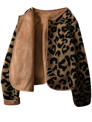 Manteau en peluche femme léopard boutonné col rond veste mi-saison douce GORGLITTER