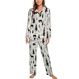 asbwuo Conjunto de Pijama para Mujer con Silueta de Oso, Ciervo, pájaro y árbol, 775 Piezas, Manga Larga, Botones