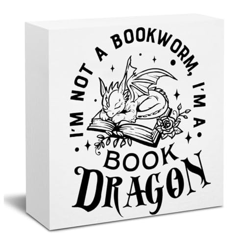 Pfkfo Dark Academia Dragons - Letrero de caja de madera para estantería, decoración de escritorio, regalos de decoración para lectores de novelas de fantasía, no soy un gusano de biblioteca,