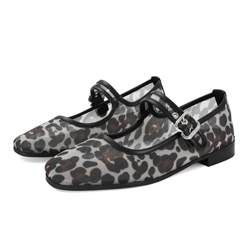 Image of DOEYG Mesh Ballet Flats Shoes for Women Leopard Animal Print Mary Jane Flats Shoes Square Toe Dress Casual Comfortable Velvet Ballerina Shoes