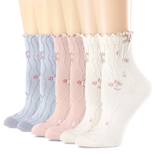 Image of Womens Ruffle Crew Socks Vintage Patterned Ankle Casual Fashion Dress Sock Cute Lettuce Floral Socks 5 /6 Pack
