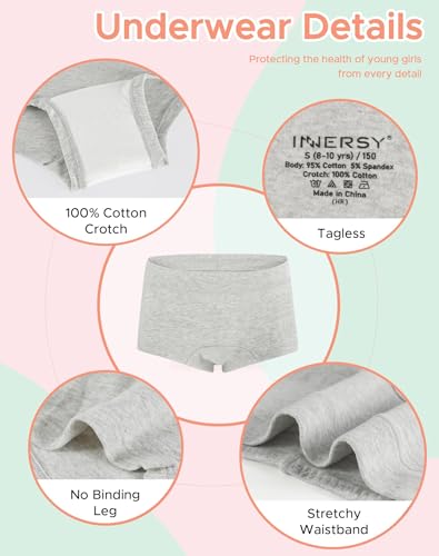 INNERSY Girls' Boyshorts Underwear Soft Cotton Panties Size 8-16 for Teens 5-Pack3