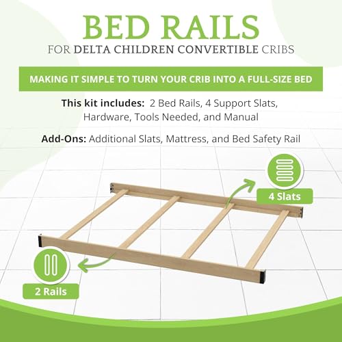Image of Full-Size Conversion Kit Bed Rails Compatible with Delta Children Convertible Cribs - Solid Wood Rail #0050 - Toddler and Adult Bed Rail for Full-Size Beds - Baby Furniture (Unfinished)