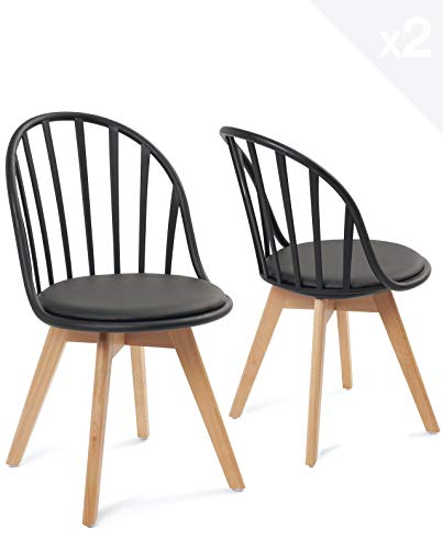 KAYELLES Lot de 2 chaises bistrot à barreaux Style scandinave pour Cuisine, Salle à Manger ou Chambre. Siège avec Coussin Simili Cuir rembourré, Pieds en Bois de...