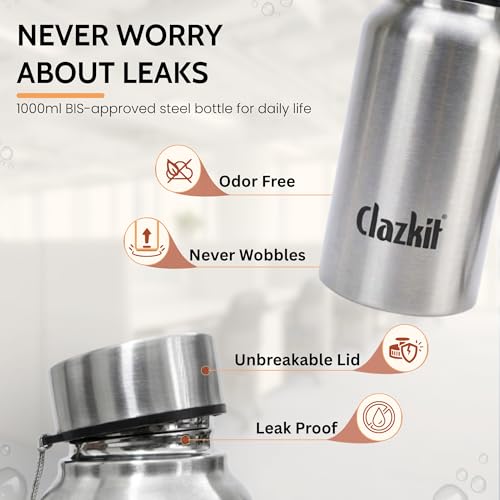 Image of Clazkit Stainless Steel Water Bottle, 500 ml - Single-Walled, Spill-Proof, Food Grade Steel | Fridge, Office, School, Travel, Gym, Car (Silver) Pack Of 6