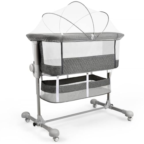Image of Maydolly Baby Bassinets Bedside Sleeper, Bedside Crib 3 in 1 Adjustable Travel Baby Bed with Breathable Net and Mattress, Easy Folding Portable Bassinet for Newborn Infant (Dark Grey)