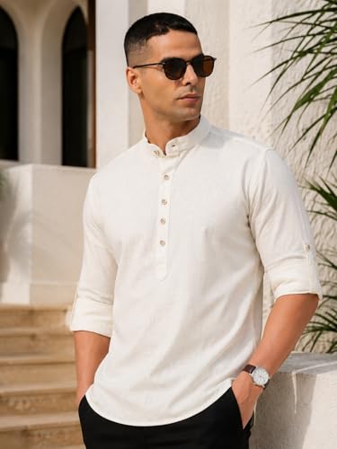 Image of Majestic Man Men's Pure Cotton Solid Mandarin Collar Slim Fit Roll-Up Sleeves Short Kurta Lightweight Summer Kurta for Daily & Occasion Use
