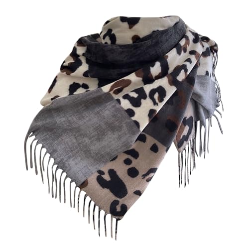 Generisch Schal Leopardenmuster Damen Deckenschal Leichter Scarf Halstuch mit Quasten Warm Winterschal Weich Strickschal Halstücher Mode Wollschal Damenschal