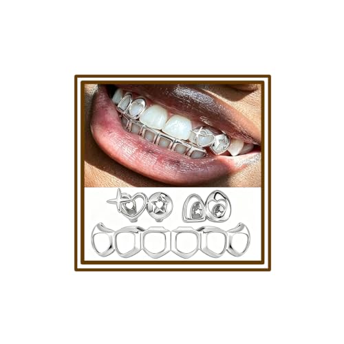 Gold Grillz Set Open Face Hip Hop Teeth Jewelry 14k Gold Plated Vampire Fangs Dental Caps for Top Bottom Removable Grills for Men Women Cosplay Rapper Costume Accessory (Silver)