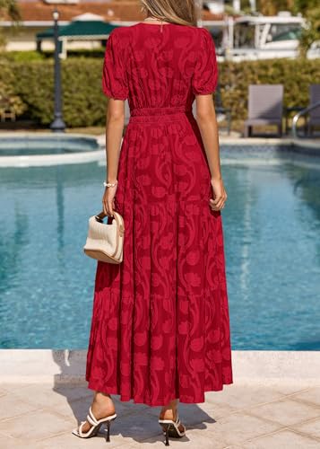 Image of KIRUNDO Summer Dresses for Women 2026 Boho Flowy Casual Short Sleeve V Neck Elastic Waist Floral Long Baby Shower Maxi Dress