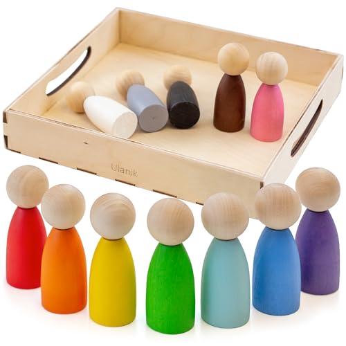 Ulanik Muñecos grandes para clasificar juguetes Montessori a partir de 3 años + Baby Waldorf Muñecas Sensorik Juegos de madera para contar y aprender colores – 12 gnomos de madera